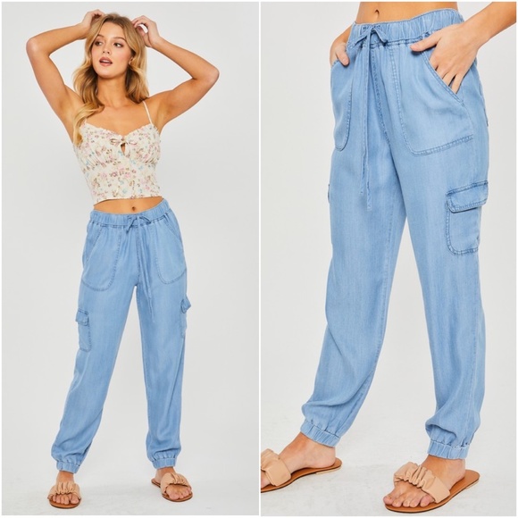 01 Tencel Stretchy Drawstring Waist Pocket Jogger pants - Picture 1 of 14